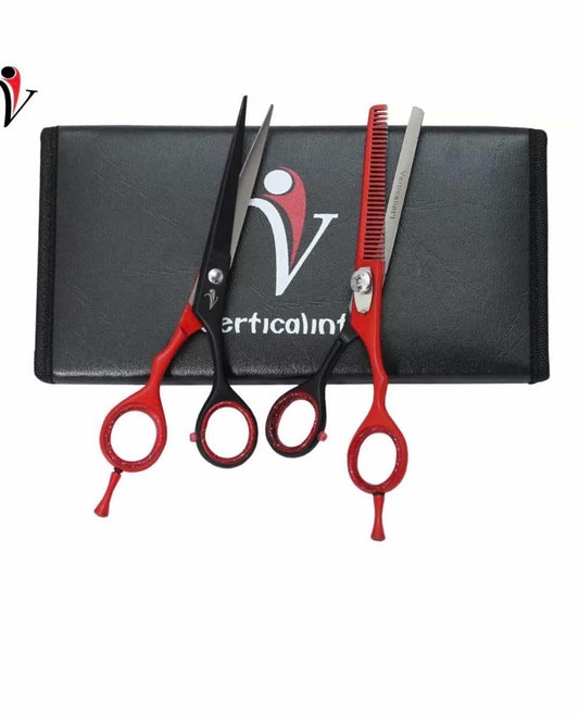 The Vered Vertical left handed Black and red barber Scissor set 6.5''