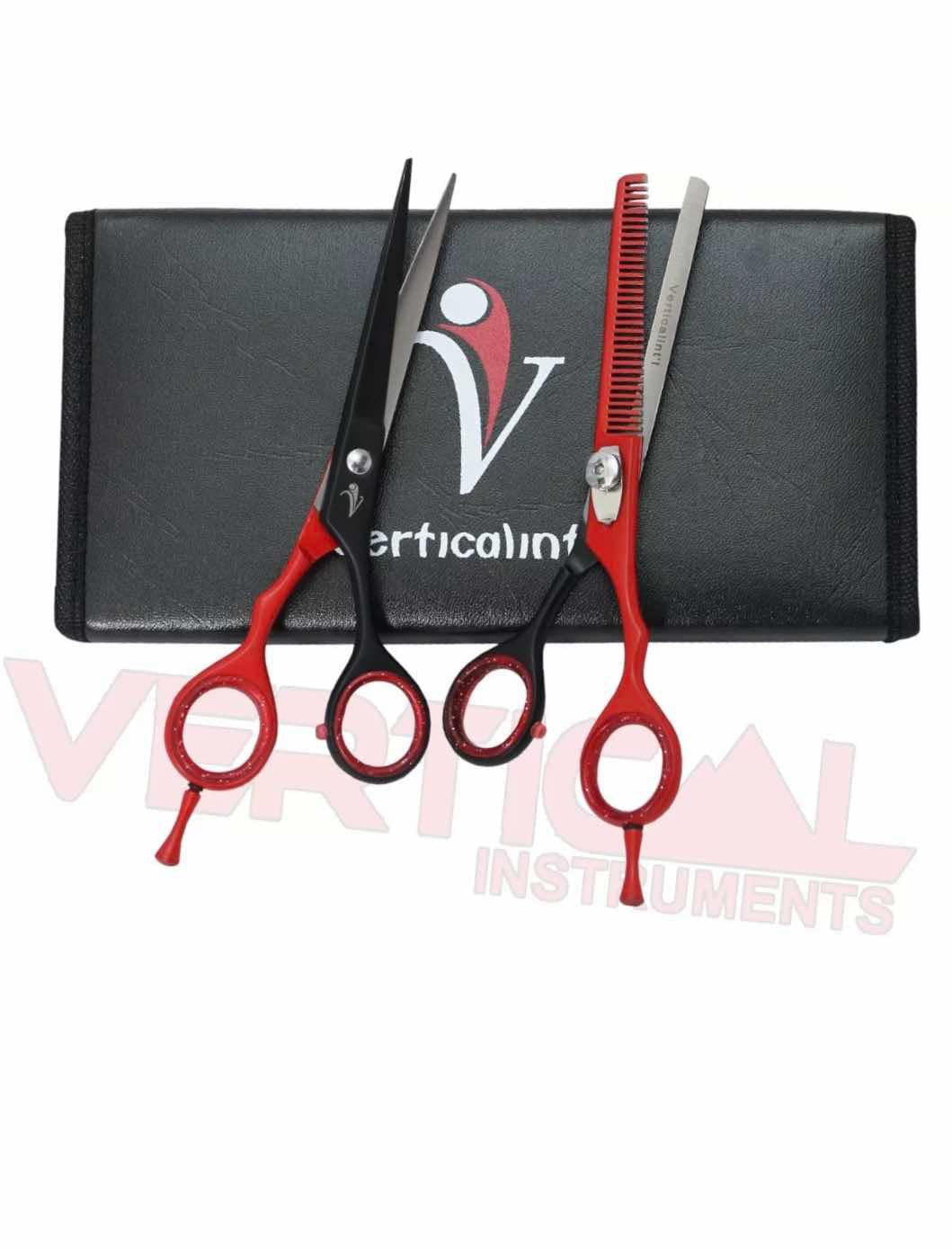 The Vered Vertical left handed Black and red barber Scissor set 6.5''